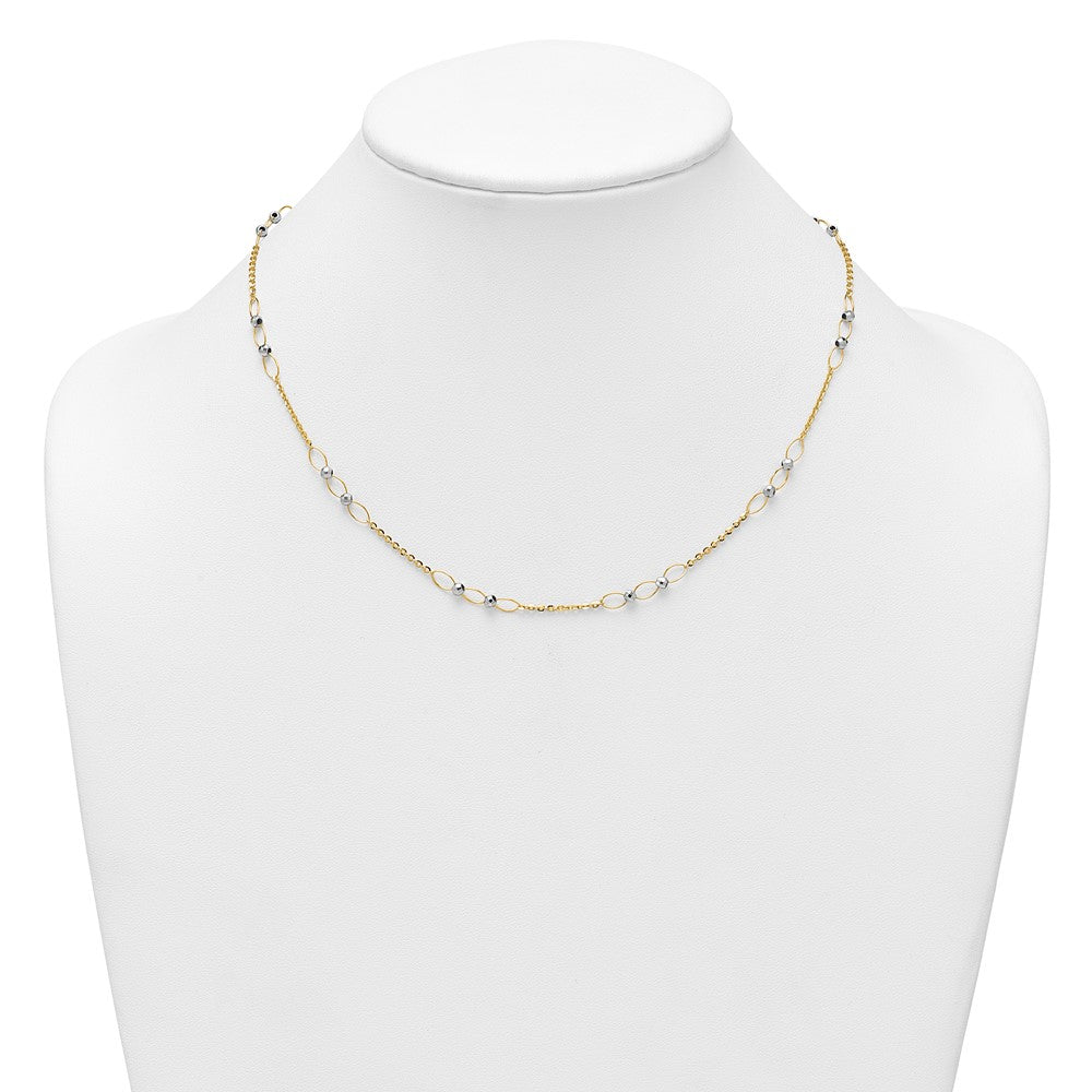 14K Bicolor Gold Bicolor Poliert Oval Knöpfe und Facettiert Perlen 18 Zoll Halskette