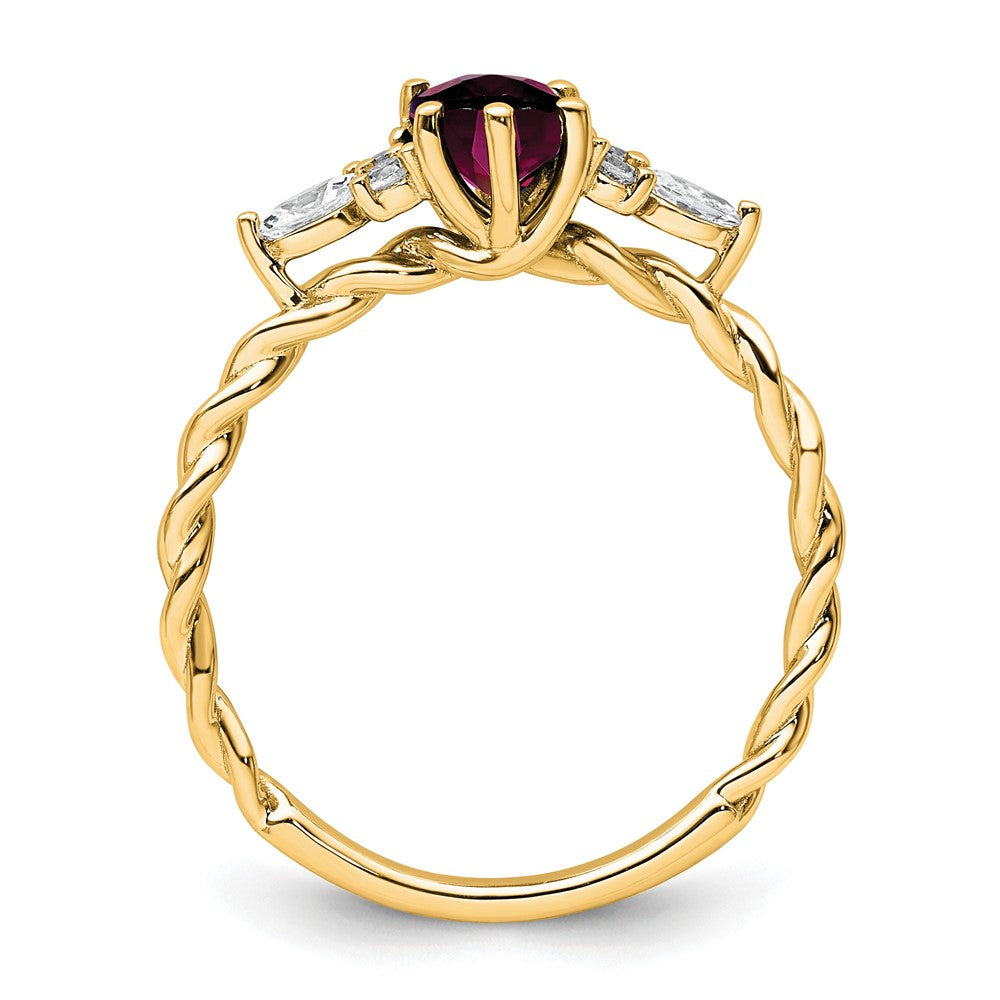 14K Gelbgold Ring mit Diamanten und 7x5 ovalem Rhodolith-Granat, Größe 7, gedreht