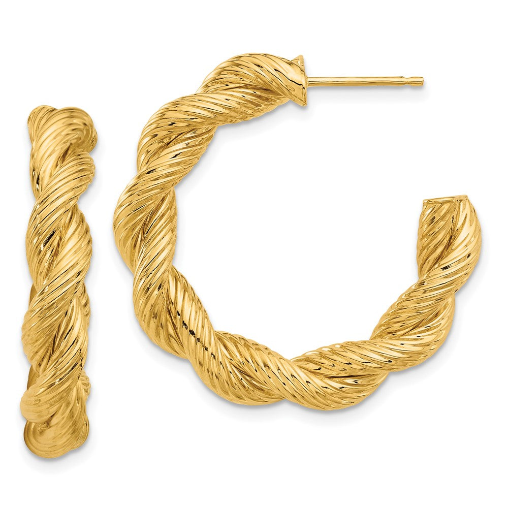 14K Gelbgold Poliert und Strukturiert Gedreht Stecker Creolen