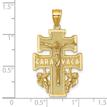 14K Gelbgold Polierter und Strukturierter Cara-Vaca-Kruzifix-Anhänger