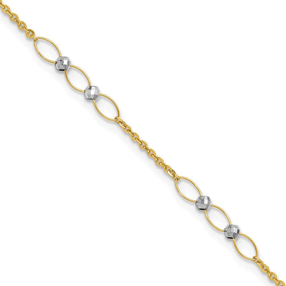 14K Bicolor Gold Bicolor Oval Knöpfe und Mirror Perlen Plus Verlängerung Total Kette Fußkettchen