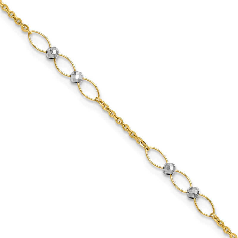 14K Bicolor Gold Bicolor Oval Knöpfe und Mirror Perlen Plus Verlängerung Total Kette Fußkettchen