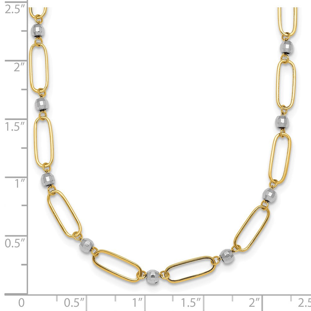 14K Bicolor Gold Bicolor Poliert Büroklammer Knöpfe und Facettiert Perlen 18 Zoll Halskette