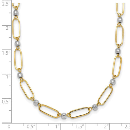 14K Bicolor Gold Bicolor Poliert Büroklammer Knöpfe und Facettiert Perlen 18 Zoll Halskette