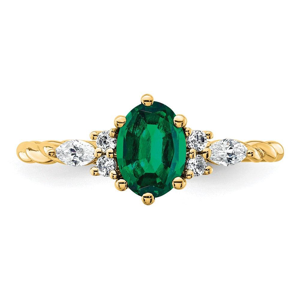14K Gelbgold Ring mit Diamant und 7x5 ovalem synthetischem Mai-Smaragd, Größe 7, gedreht