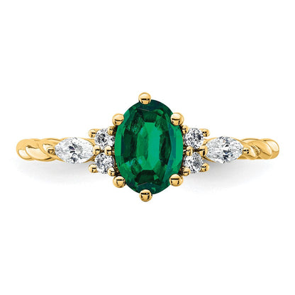 14K Gelbgold Ring mit Diamant und 7x5 ovalem synthetischem Mai-Smaragd, Größe 7, gedreht
