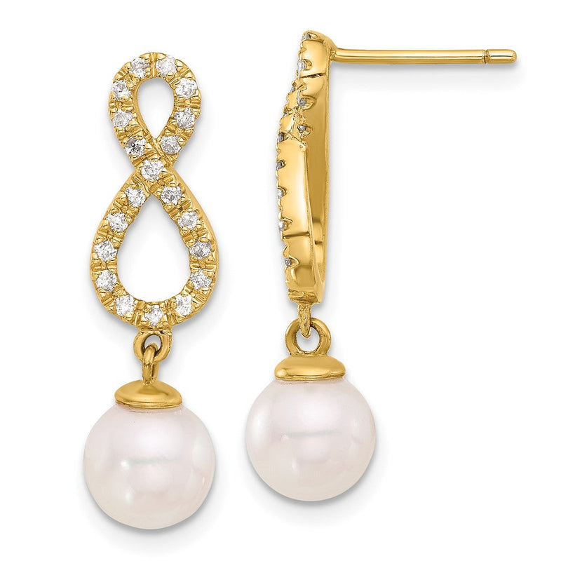14K Gelbgold 7-8mm Rund Akoya Salzwasser Zuchtperle Und.40 Karat Diamant Unendlichkeit Stecker Ohrhänger