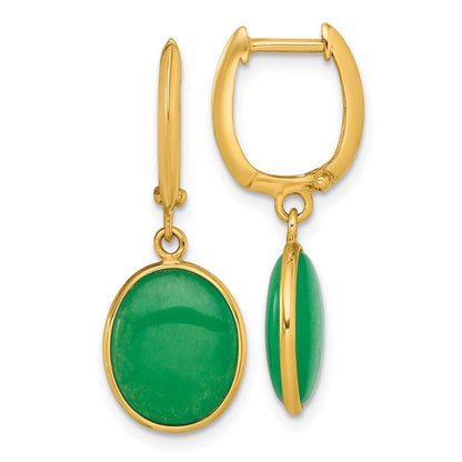 14K Gelbgold Poliert Oval Jade Cabochon Hängend Klappbar Creolen