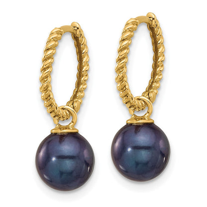 14K Gelbgold 7-8mm Schwarz und Süßwasser Zuchtperle Removable Hängend Creolen