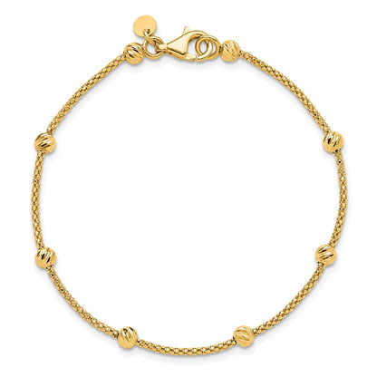 14K Gelbgold Poliert Diamantiert Perlen und Netz Kette 7.5 Zoll Armband