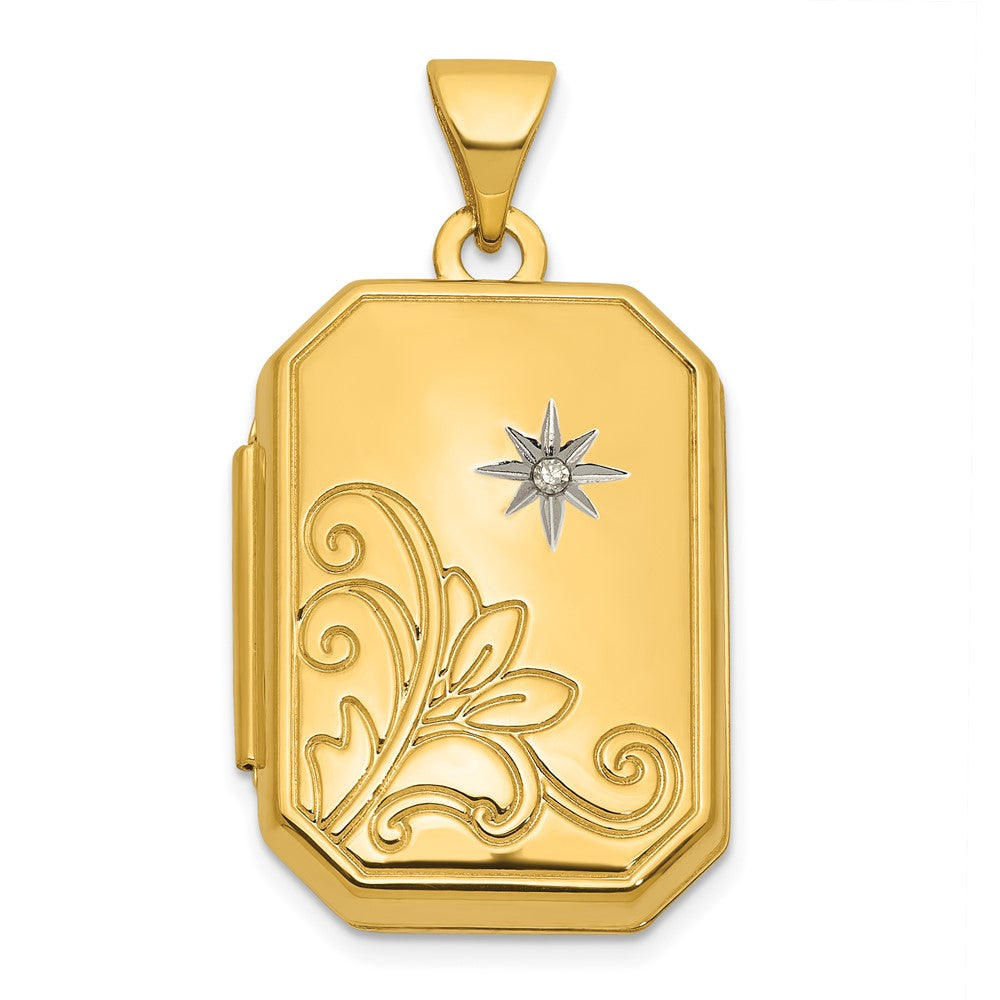 14K Gelbgold Halb Point Diamant Poliert Blumen und Stern 20mm Rechteck Medaillon