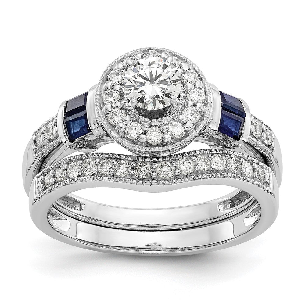 14K Weißgold Verlobungsring mit rundem Halo, 0,5K Labor-Diamant VS/SI+ G+ und gezüchtetem Saphir