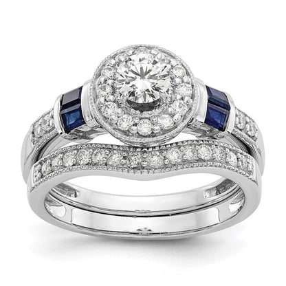 14K Weißgold Verlobungsring mit rundem Halo, 0,5K Labor-Diamant VS/SI+ G+ und gezüchtetem Saphir