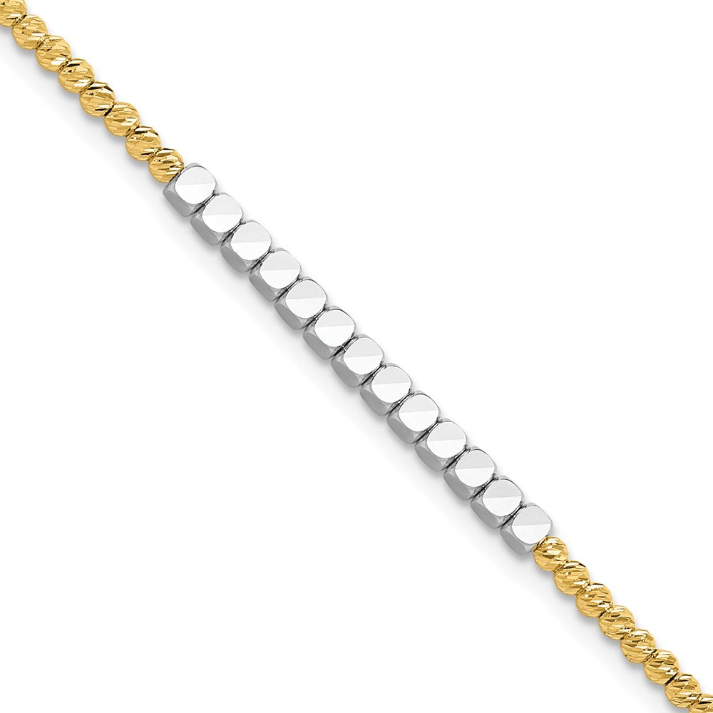 14K Bicolor Gold Bicolor Diamantiert Quadratisch und Rund Gekugelt 7.5 Zoll Armband
