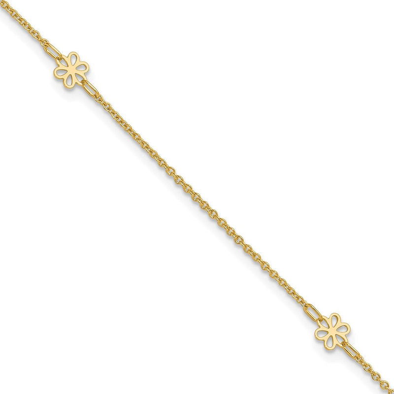 14K Gelbgold Blumen 3-station mit Blume Hängend 10 Zoll Plus 1 Zoll Verlängerung - Total 11 Zoll Fußkettchen
