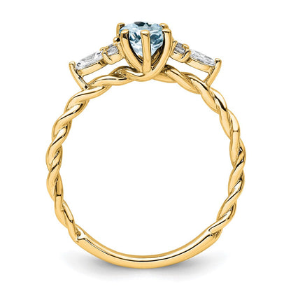 14K Gelbgold Ring mit Diamanten und 7x5 ovalem März-/Aquamarin, Größe 7, gedreht
