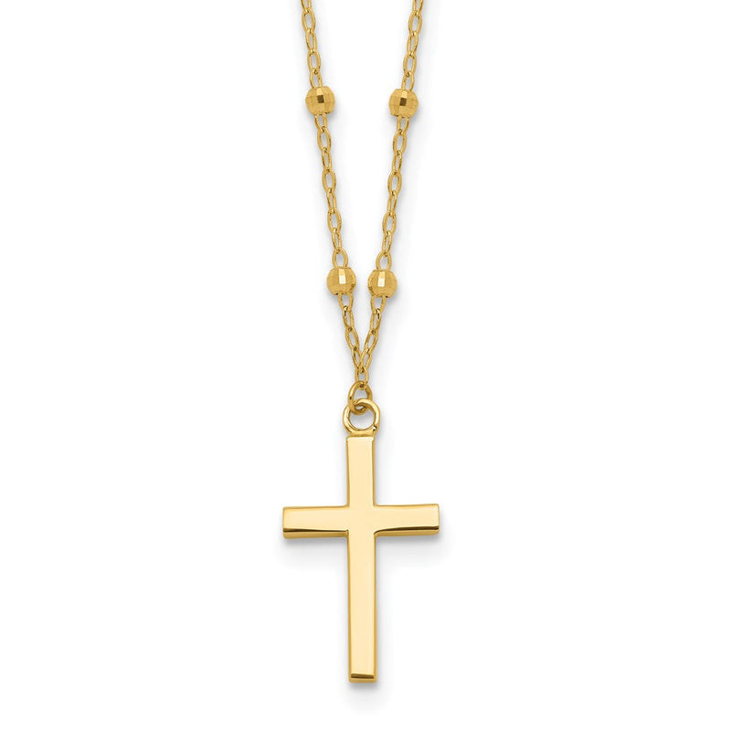 14K Gelbgold Mirror Gekugelt Kette mit Poliert Kreuz Anhänger 16.25 Zoll Halskette Plus 2 Zoll Verlängerung
