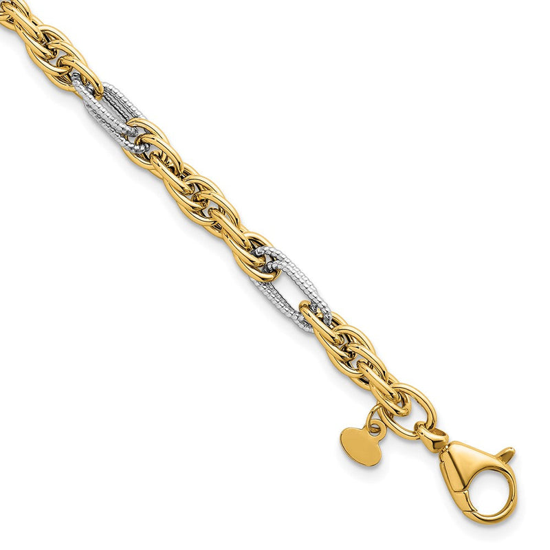 14K Gelbgold mit Rhodium Poliert 4.2mm Fantasie Kordel Kette 7.5 Zoll Armband