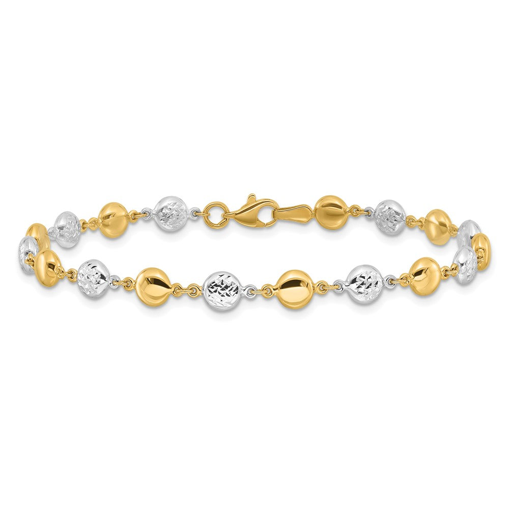 14K Bicolor Gold Bicolor Poliert und Diamantiert Gewölbt Perlen 7.75 Zoll Armband