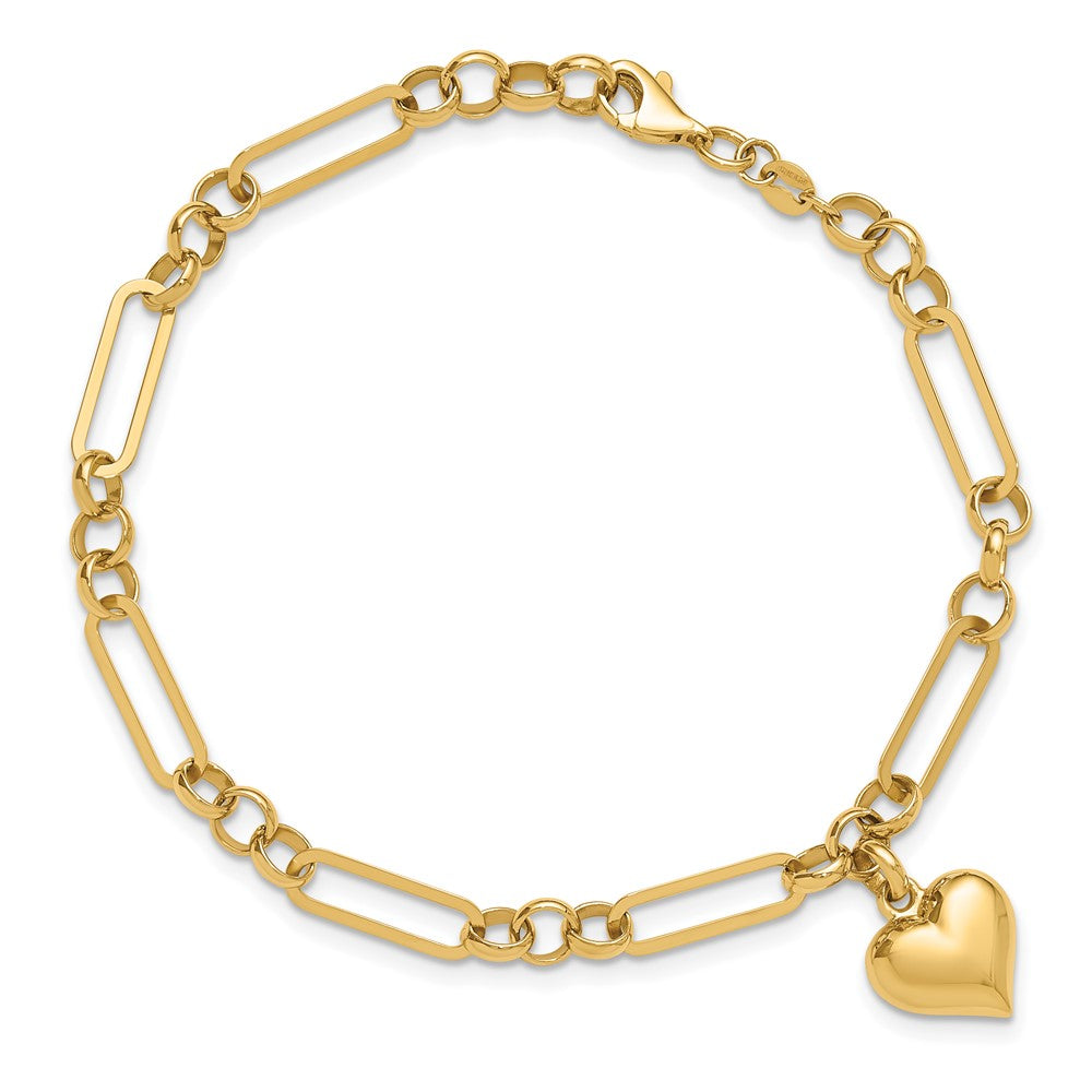 14K Gelbgold Poliert Gewölbt Herz Charm Hängend Figaro Glieder 7.5 Zoll Armband