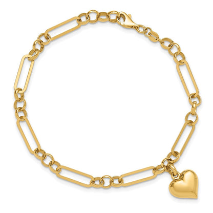 14K Gelbgold Poliert Gewölbt Herz Charm Hängend Figaro Glieder 7.5 Zoll Armband