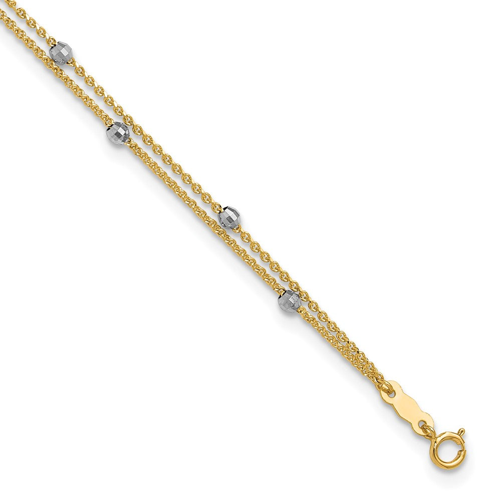 14K Bicolor Gold Bicolor 2-strand Kette mit Mirror Perlen 9 Zoll Plus 1 Zoll Verlängerung - Total 10 Zoll Fußkettchen