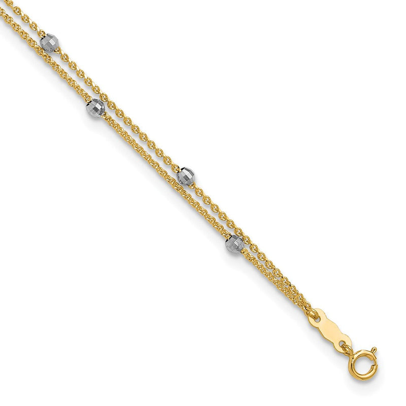 14K Bicolor Gold Bicolor 2-strand Kette mit Mirror Perlen 9 Zoll Plus 1 Zoll Verlängerung - Total 10 Zoll Fußkettchen