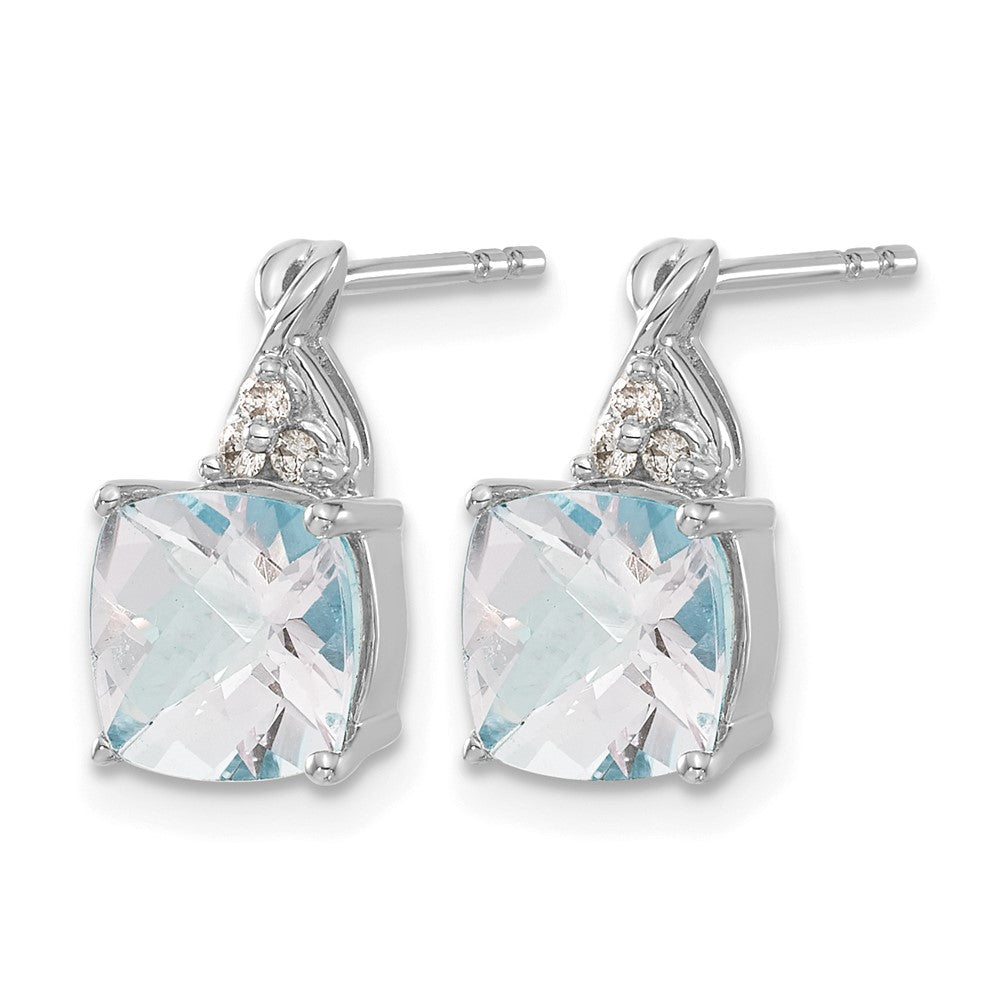 14K Weißgold Ohrstecker mit 7 mm Kissenschliff-Schachbrettmuster-Aquamarin (März) und Diamanten