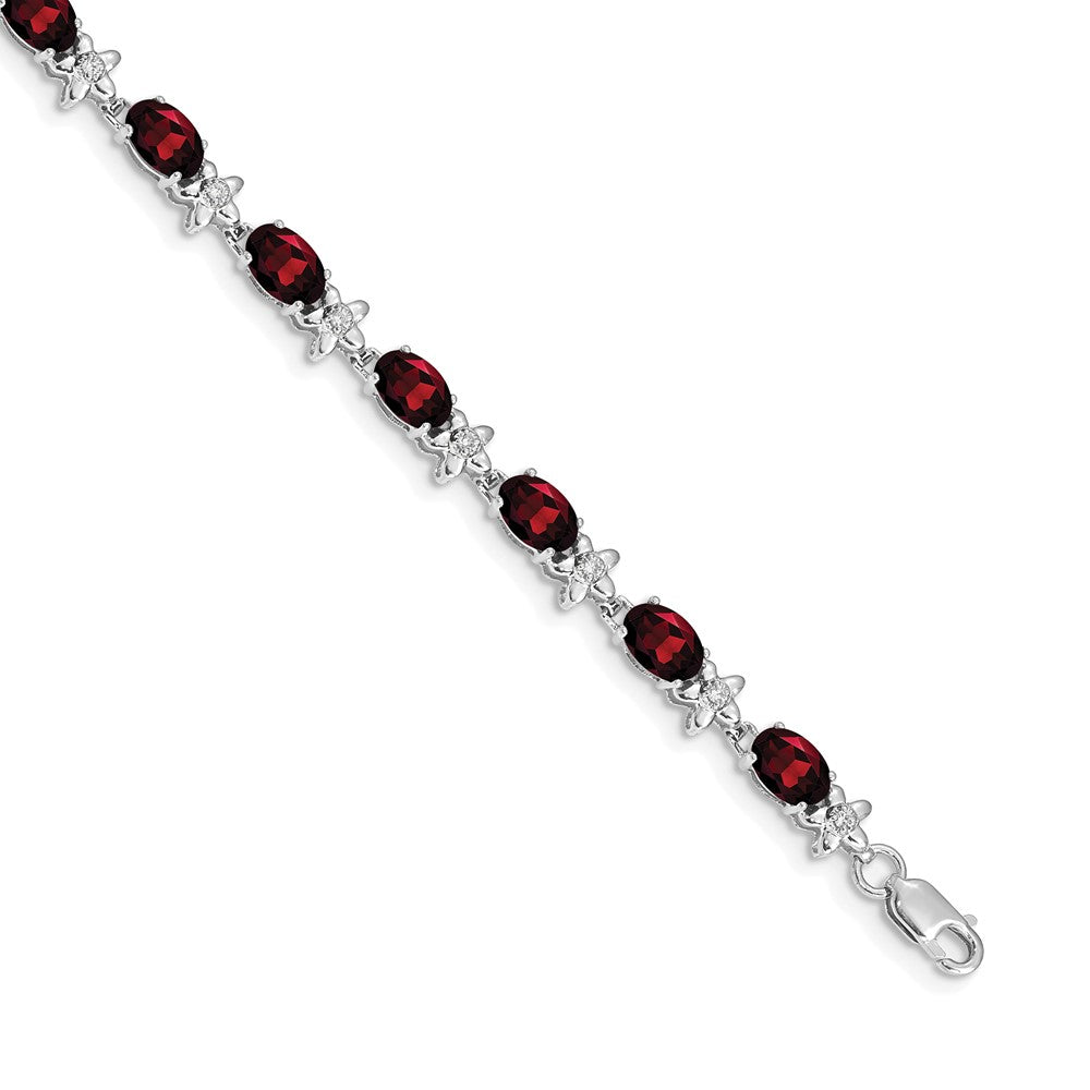 14K Weißgold Komplett Diamant und Oval Granat Blumen 7 Zoll Armband
