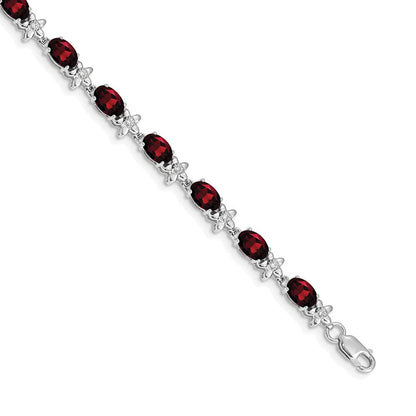 14K Weißgold Komplett Diamant und Oval Granat Blumen 7 Zoll Armband