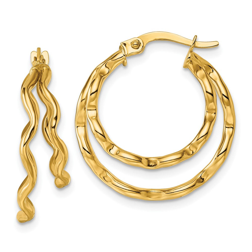 14K Gelbgold Poliert Gewellt Doppelt Kreis Creolen
