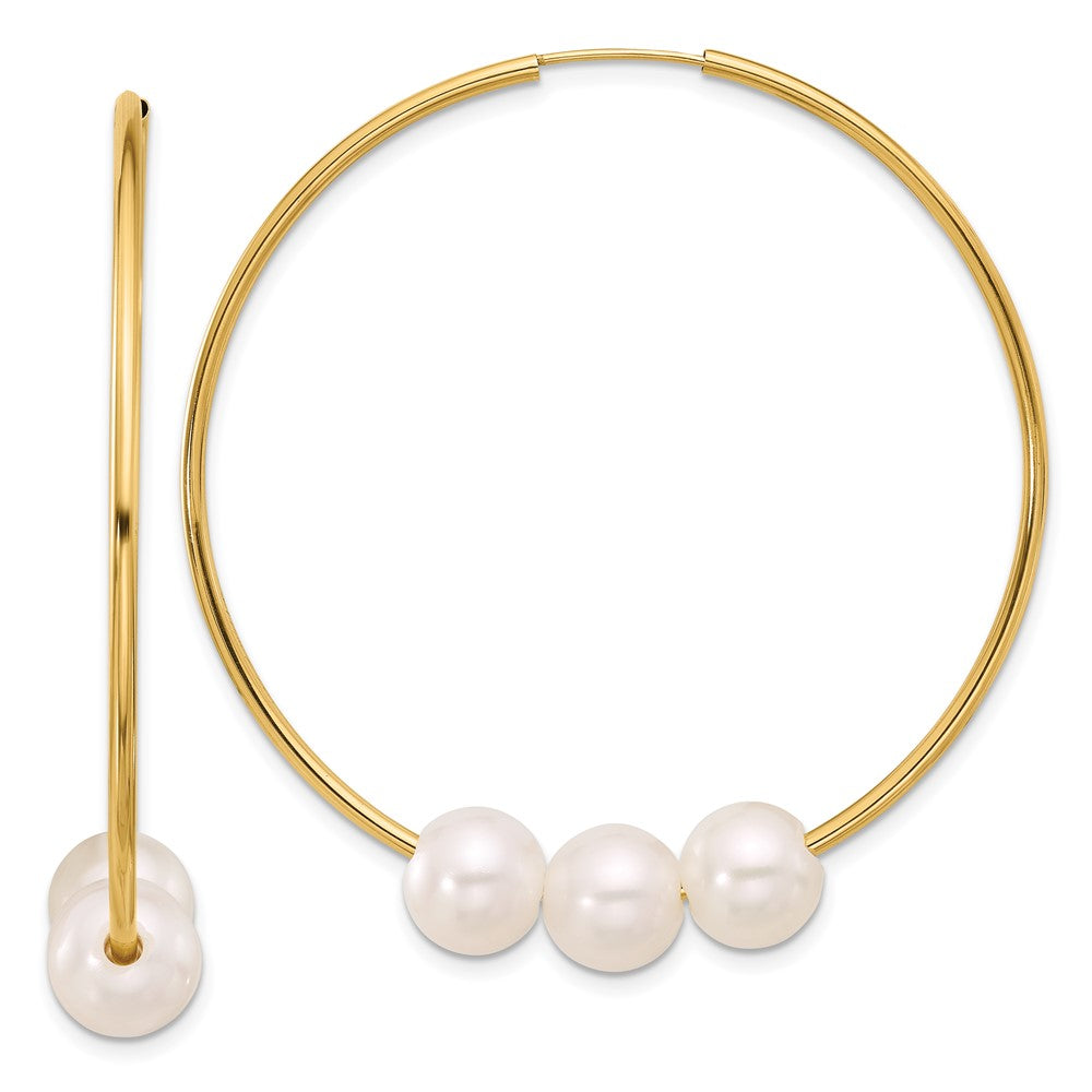 14K Gelbgold 8-9mm Rund Süßwasser Zucht 3-pearl Endlos Creolen