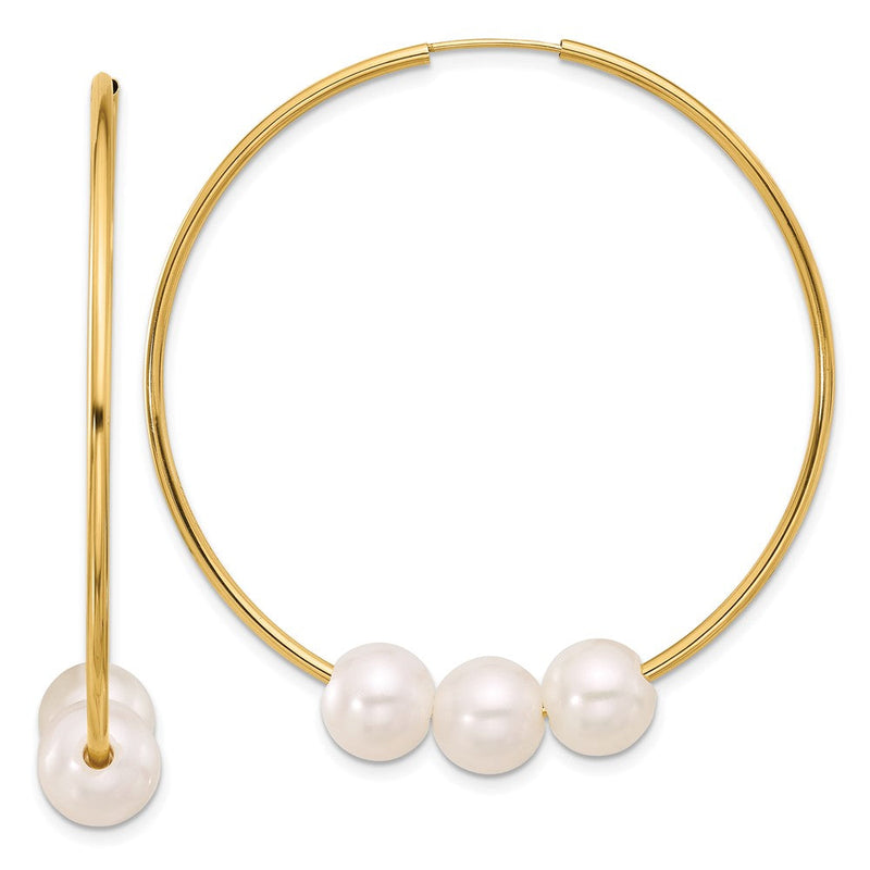 14K Gelbgold 8-9mm Rund Süßwasser Zucht 3-pearl Endlos Creolen