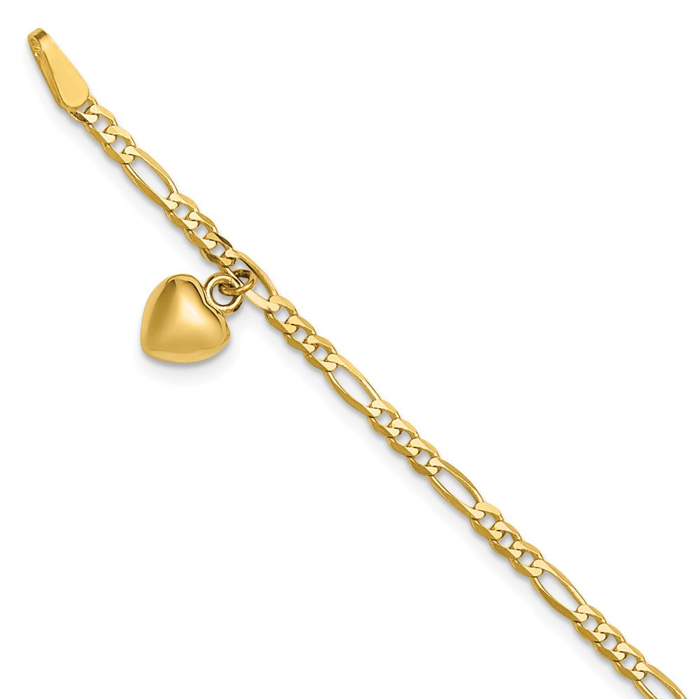 14K Gelbgold Figaro Glieder Kette mit Dangling Gewölbt Herz Fußkettchen