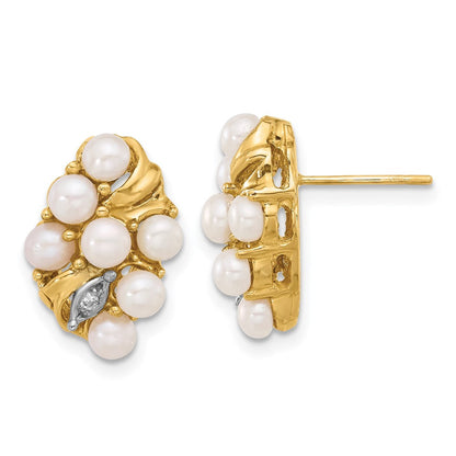 14K Gelbgold 3-4mm Knopf Süßwasser Zuchtperle Und.02 Karat Diamant Ohrstecker