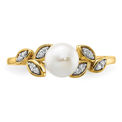 14K Gelbgold Ring mit poliertem Blattdesign, 0,05K Diamant und Süßwasser-Zuchtperle, Größe 7