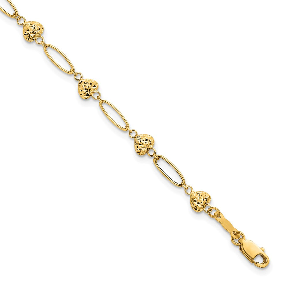 14K Gelbgold Poliert Oval Knöpfe mit Diamantiert Gewölbt Herzen 7.5 Zoll Armband