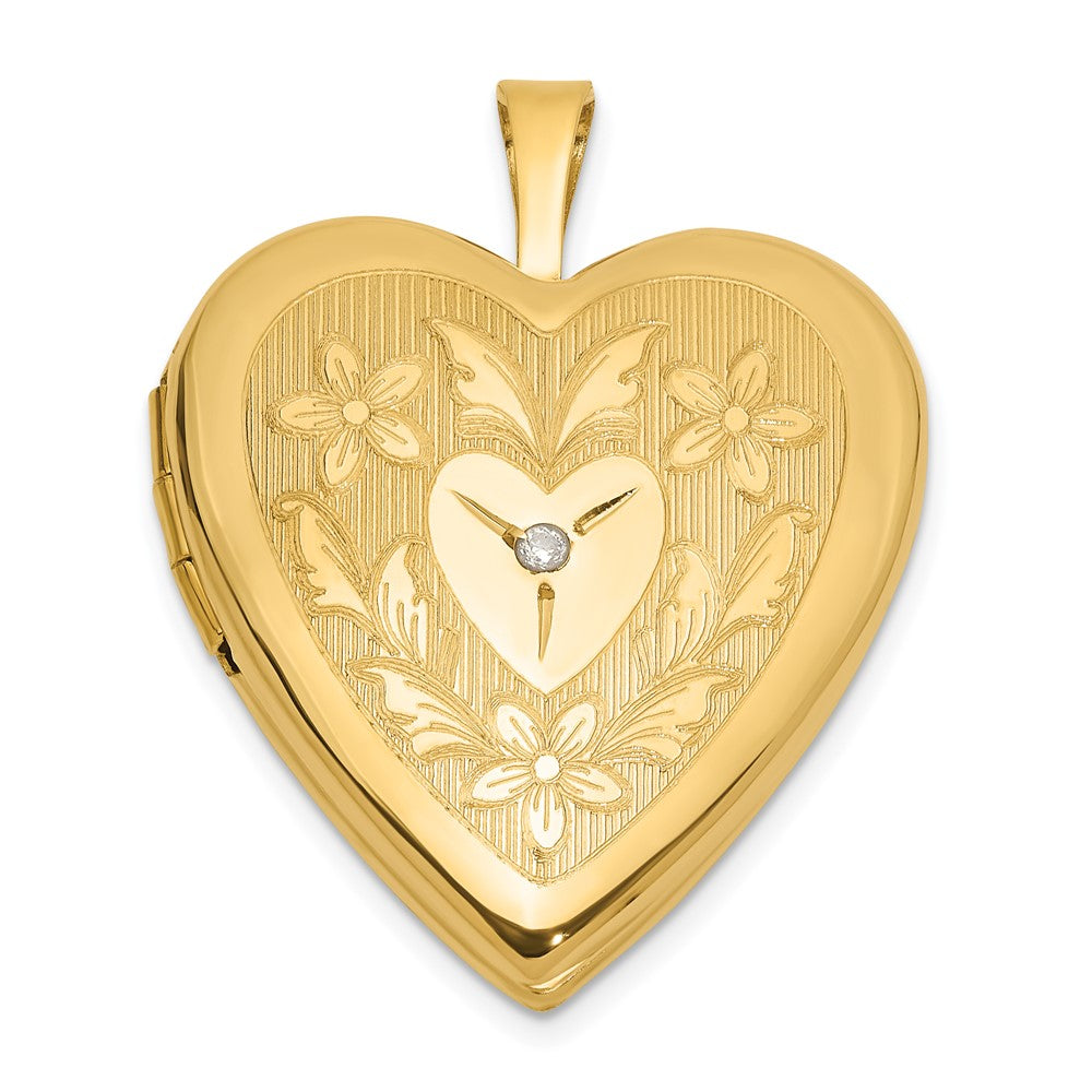 14K Gelbgold Poliert Blumen Design Diamant Mittig 20mm Herz Medaillon