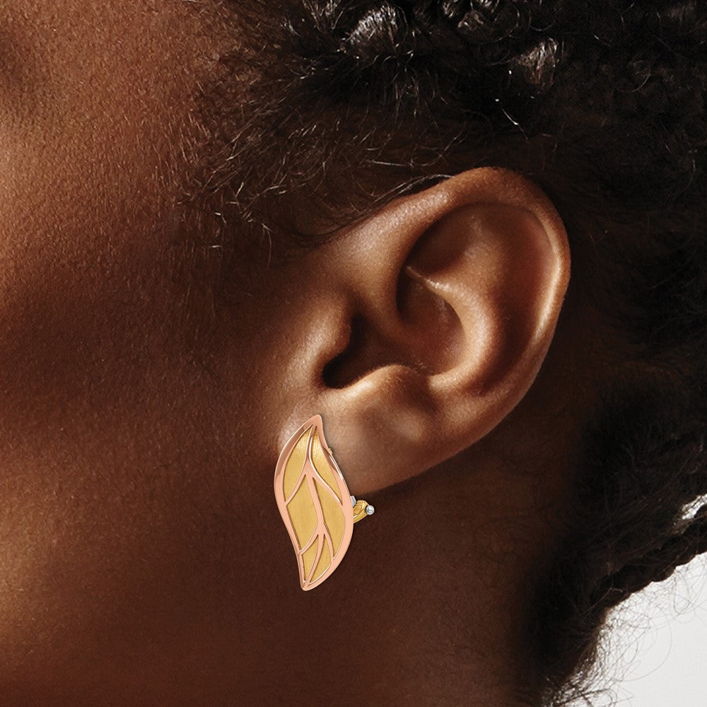 14K Bicolor Gold Bicolor und Poliert und Gebürstet Blatt Omega Rückseite Ohrstecker