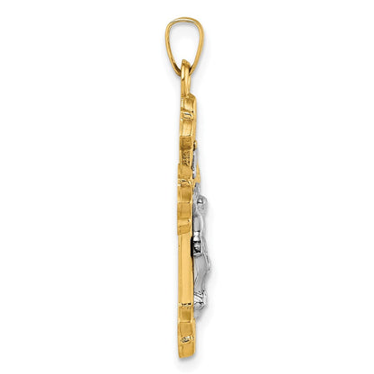 14K Gelbgold mit Rhodium Poliert Fleur De Lis Inri Kruzifix Kreuz Anhänger