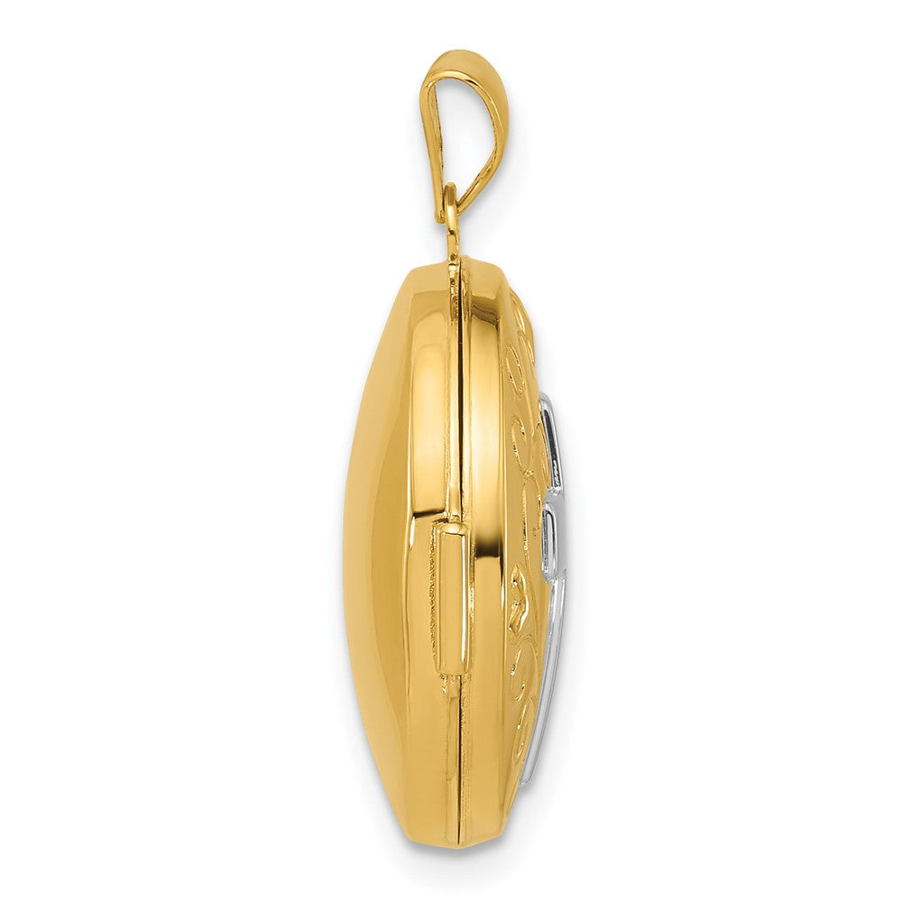 14K Gelbgold und Rhodium Halb Point Diamant Poliert Kreuz 20mm Rund Medaillon