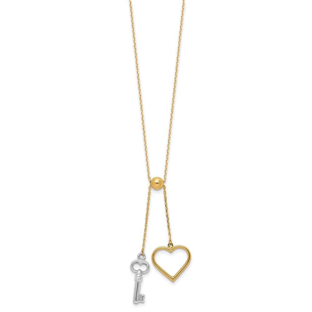 14K Bicolor Gold Bicolor Poliert Verstellbar-dangle Herz und Key 17 Zoll Lariat Halskette