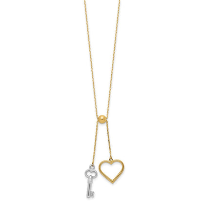 14K Bicolor Gold Bicolor Poliert Verstellbar-dangle Herz und Key 17 Zoll Lariat Halskette