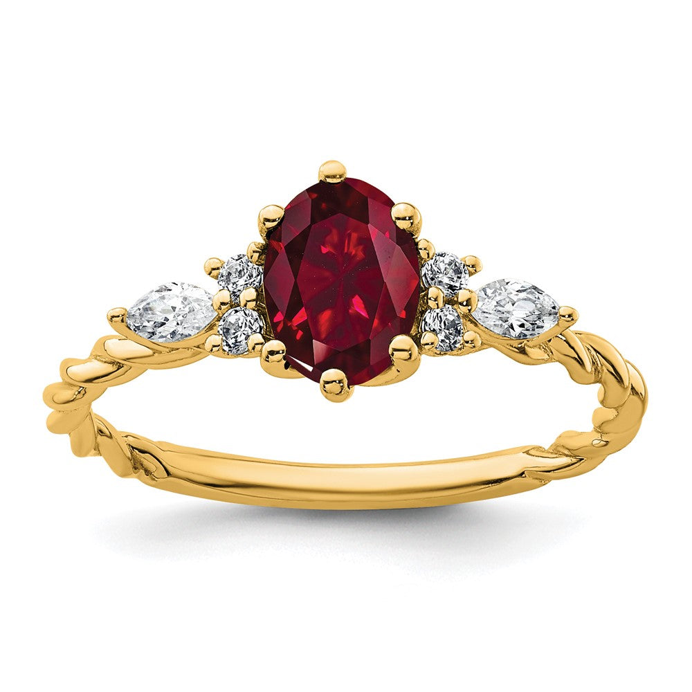14K Gelbgold Diamant- und Rubin (7x5 oval, Juli/labor­gezüchtet) Ring, gedreht, Größe 7