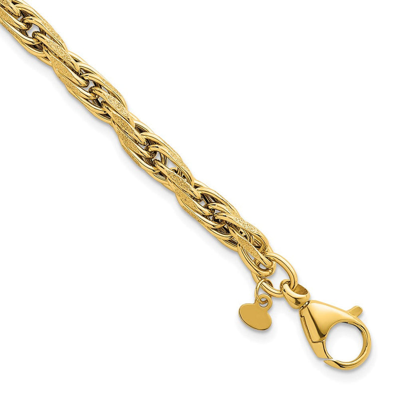 14K Gelbgold Poliert und Strukturiert 4.5mm Flach Kordel Kette 7.5 Zoll Armband