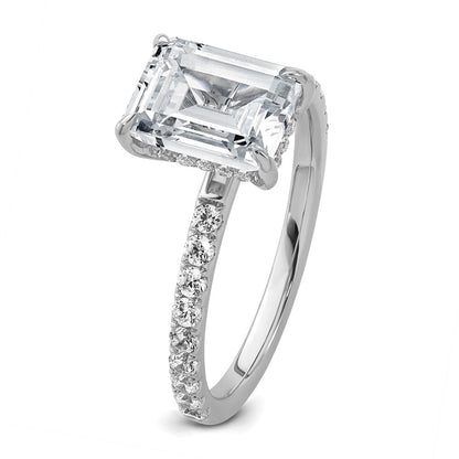 14K Weißgold 2 3/8K zertifizierter im Labor gezüchteter Diamant VS/SI+ G+ Emerald-Cut Solitär-Verlobungsring mit Flair, komplett