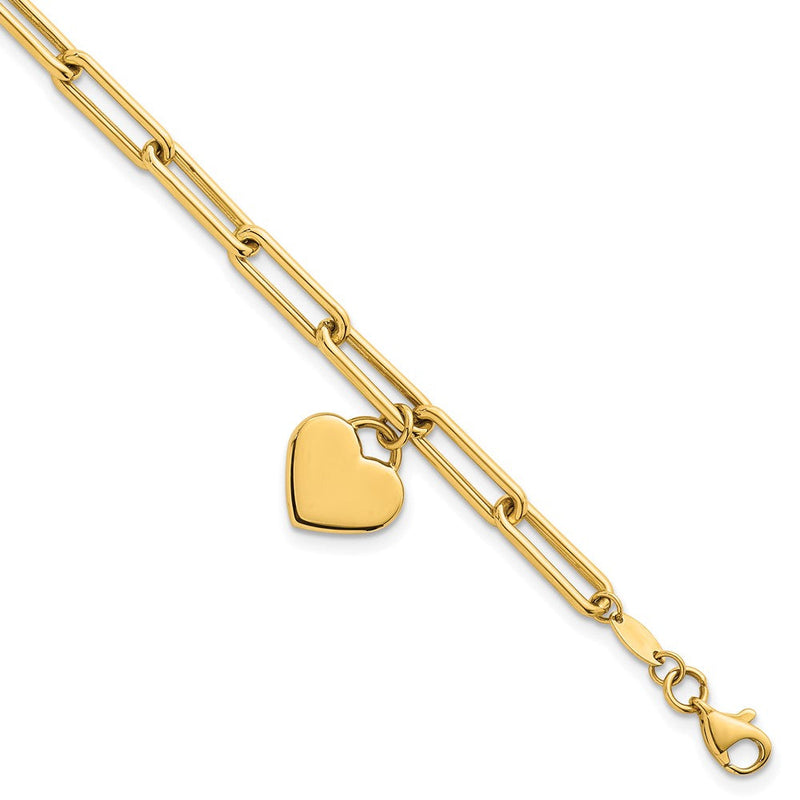 14K Gelbgold Poliert Flach Hängend 11mm Herz Büroklammer Glieder 7.5 Zoll Armband