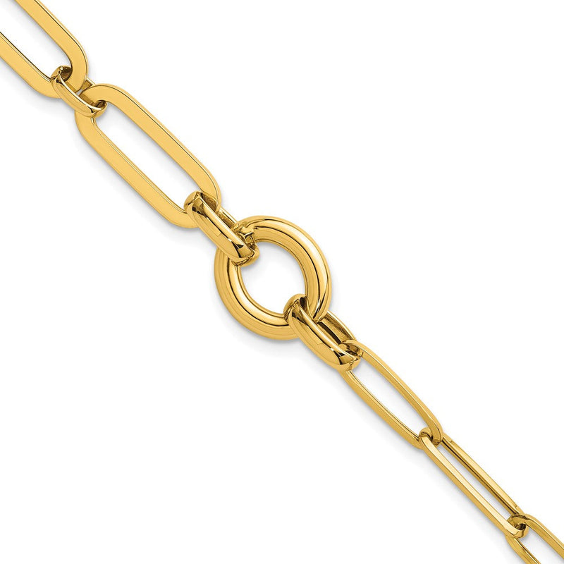 14K Gelbgold Poliert Fantasie Büroklammer Glieder mit Kreis 7.25 Zoll Armband