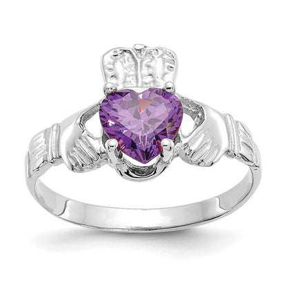 14K Weißgold February Zirkonia Herz Geburtsstein Claddagh Ring