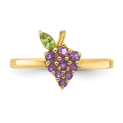 14K Gelbgold Amethyst und Peridot Grapes Größe 7 Ring